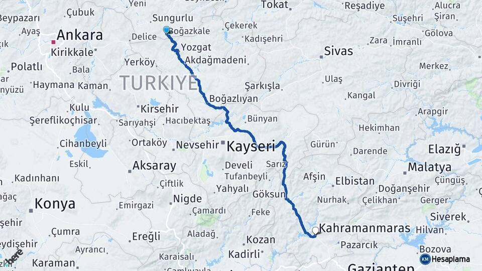 Çorum Boğazkale Kahramanmaraş Arası Kaç Km - Yol Haritası