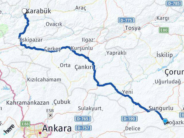 Çorum Boğazkale Karabük Arası Kaç Km - Yol Haritası