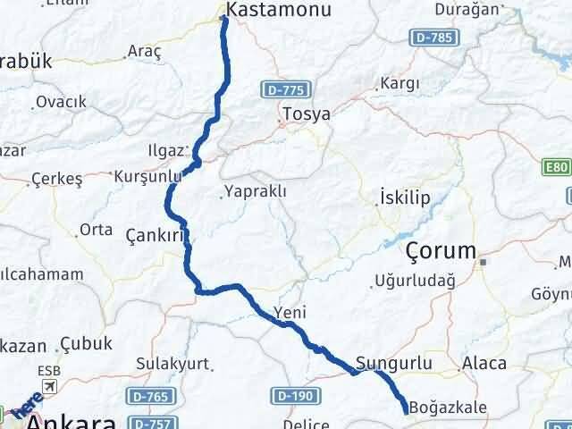 Çorum Boğazkale Kastamonu Arası Kaç Km - Yol Haritası