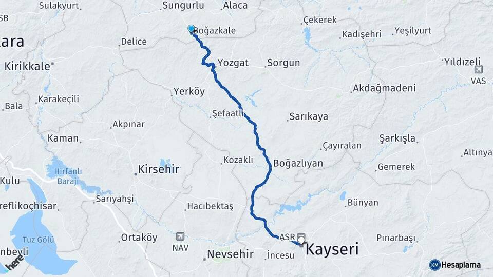 Çorum Boğazkale Kayseri Arası Kaç Km - Yol Haritası