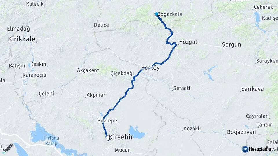 Çorum Boğazkale Kırşehir Arası Kaç Km - Yol Haritası