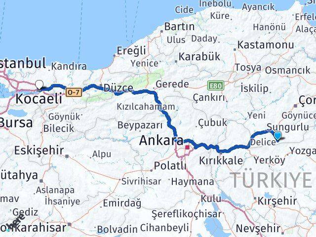 Çorum Boğazkale Kocaeli Arası Kaç Km - Yol Haritası