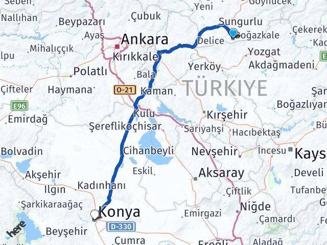 Çorum Boğazkale Konya Arası Kaç Km - Yol Haritası
