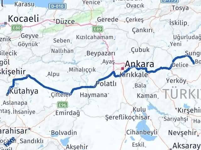 Çorum Boğazkale Kütahya Arası Kaç Km - Yol Haritası