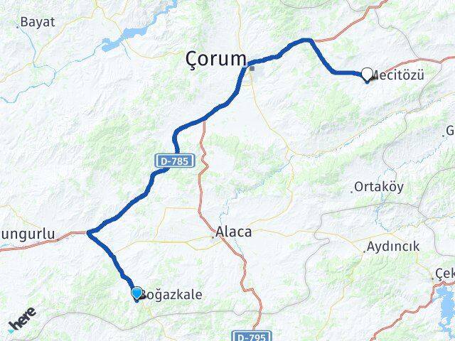 Çorum Boğazkale Mecitözü Arası Kaç Km - Yol Haritası