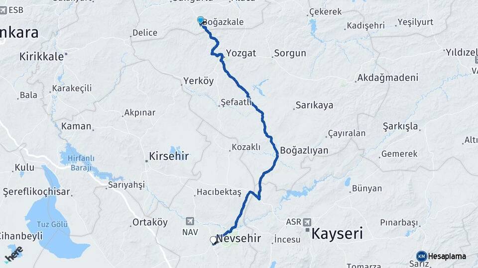Çorum Boğazkale Nevşehir Arası Kaç Km - Yol Haritası