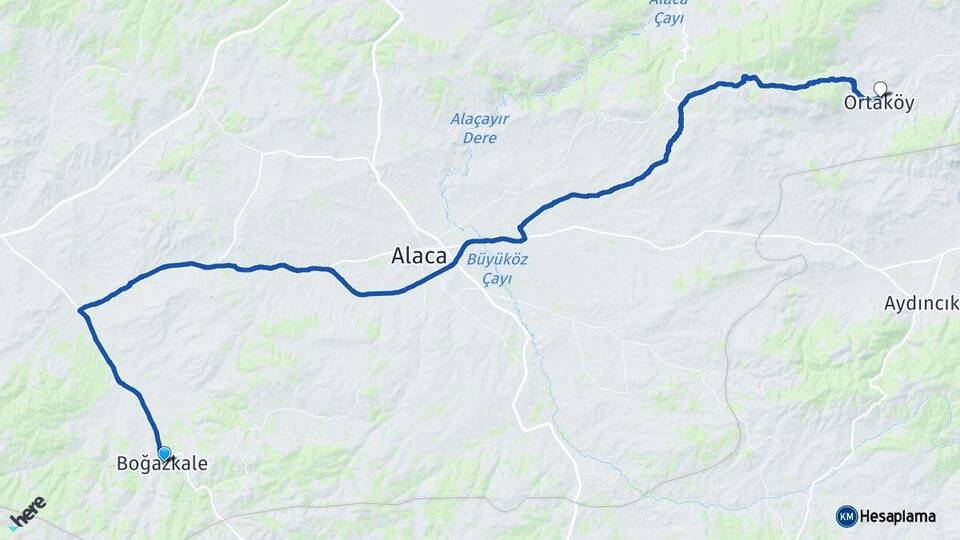 Çorum Boğazkale Ortaköy Arası Kaç Km - Yol Haritası