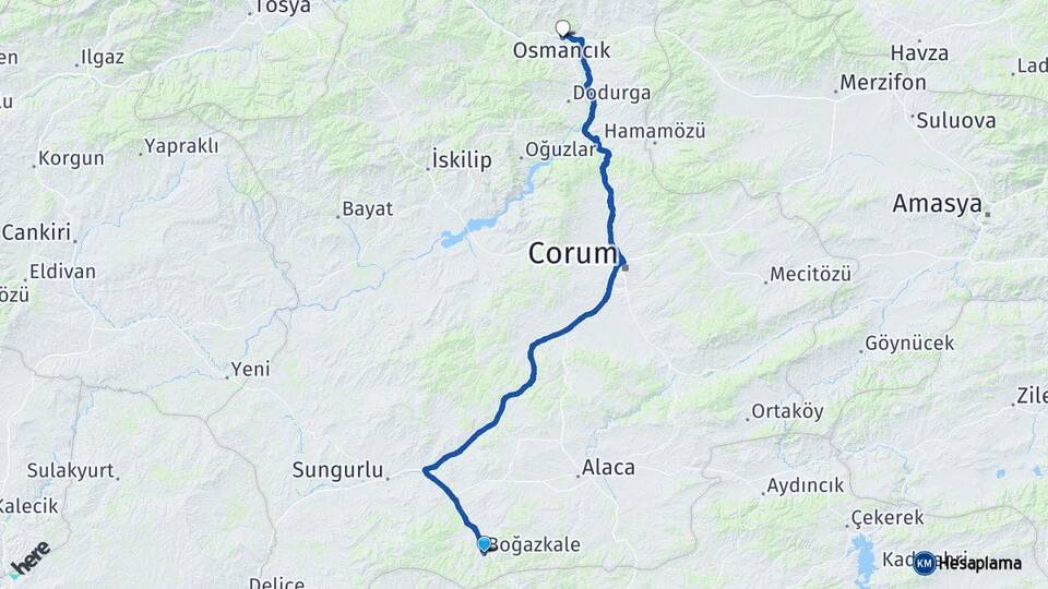 Çorum Boğazkale Osmancık Arası Kaç Km - Yol Haritası