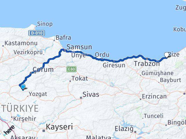 Çorum Boğazkale Rize Arası Kaç Km - Yol Haritası