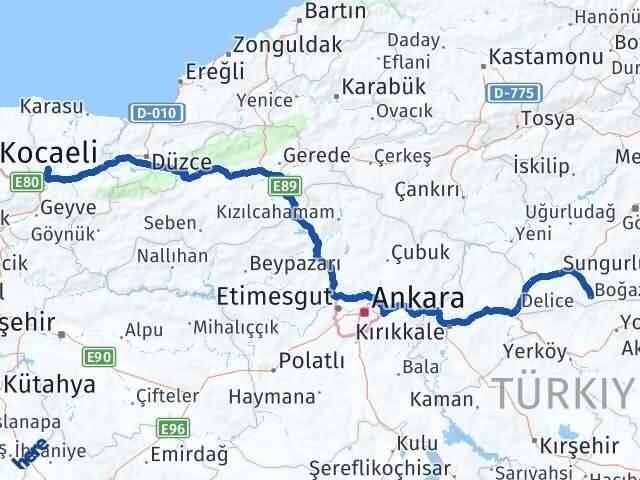 Çorum Boğazkale Sakarya Arası Kaç Km - Yol Haritası