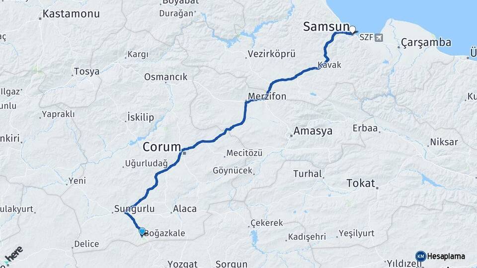 Çorum Boğazkale Samsun Arası Kaç Km - Yol Haritası