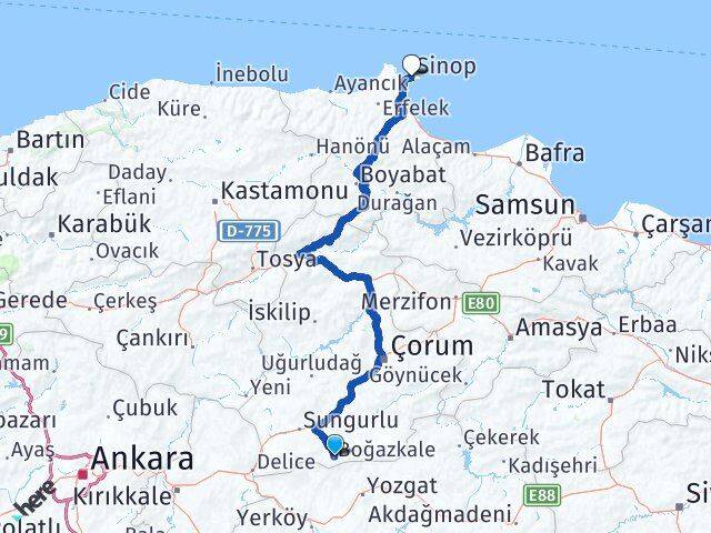 Çorum Boğazkale Sinop Arası Kaç Km - Yol Haritası