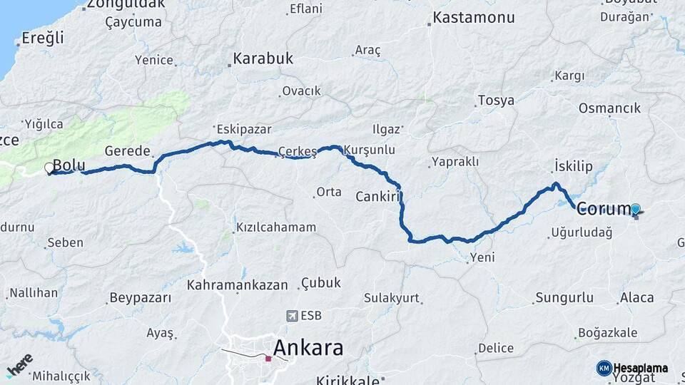 Çorum Bolu Arası Kaç Km - Yol Haritası