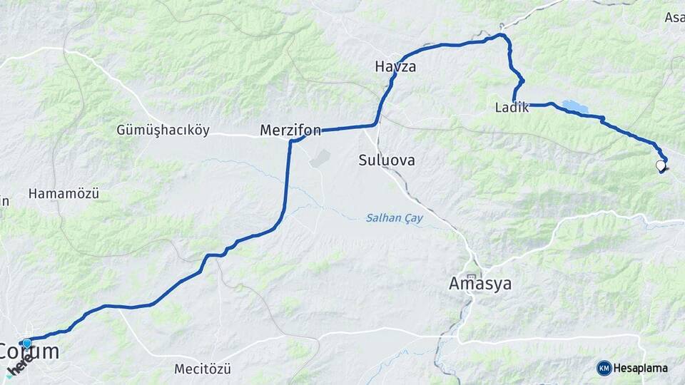 Çorum Boraboy Taşova Amasya Arası Kaç Km - Yol Haritası