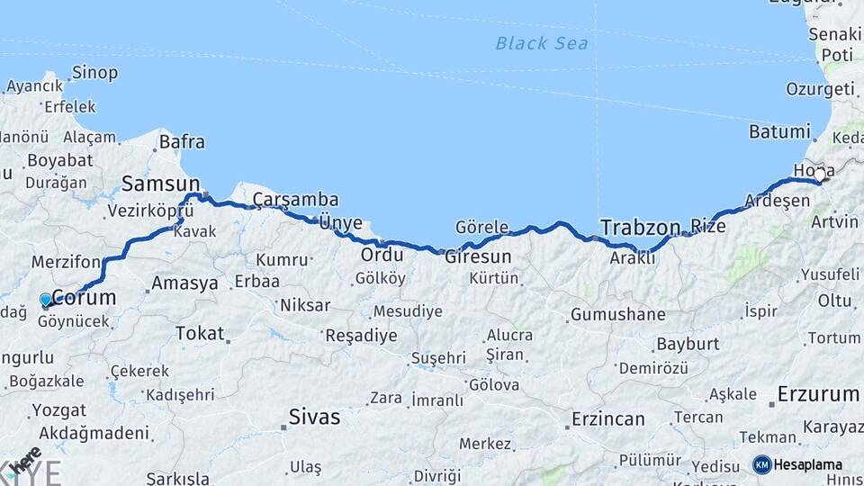 Çorum Borçka Artvin Arası Kaç Km - Yol Haritası