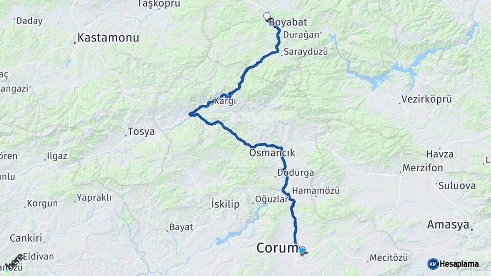 Çorum Boyabat Sinop Arası Kaç Km - Yol Haritası