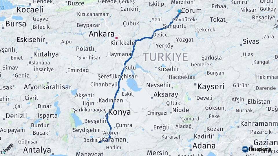 Çorum Bozkır Arası Kaç Km - Yol Tarifi