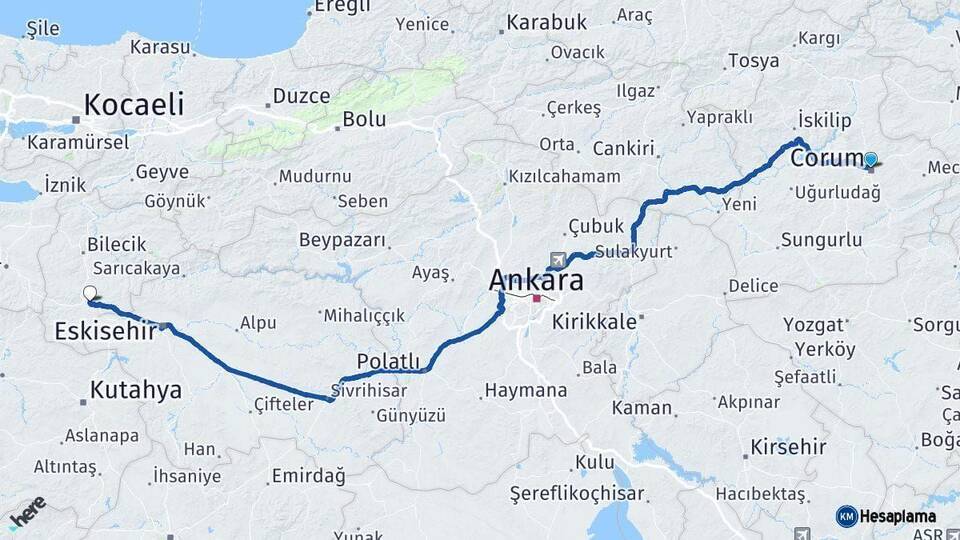 Çorum Bozüyük Bilecik Arası Kaç Km - Yol Haritası