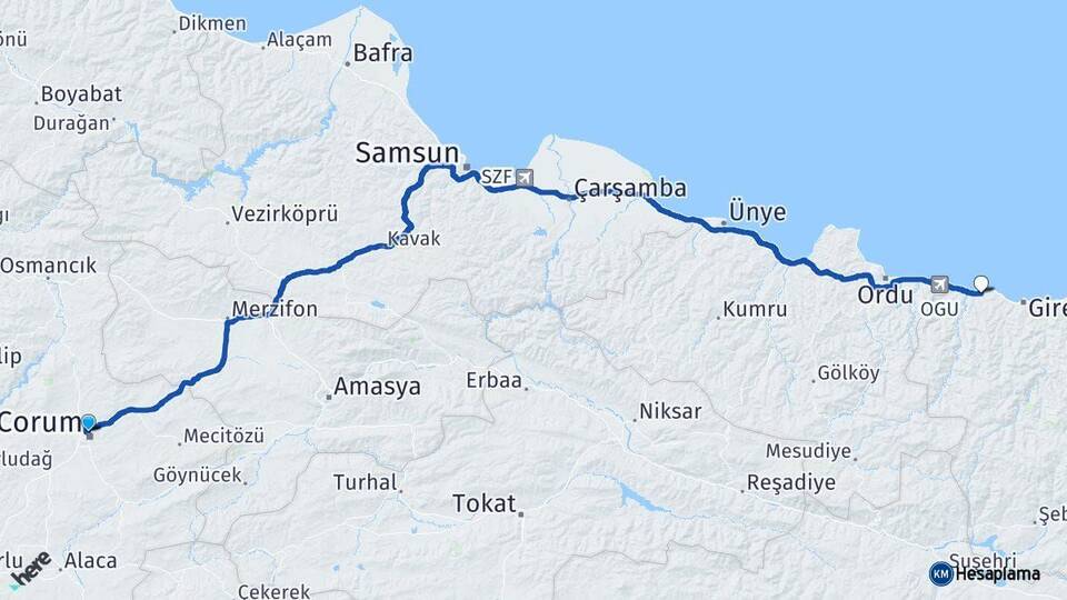 Çorum Bulancak Giresun Arası Kaç Km - Yol Haritası