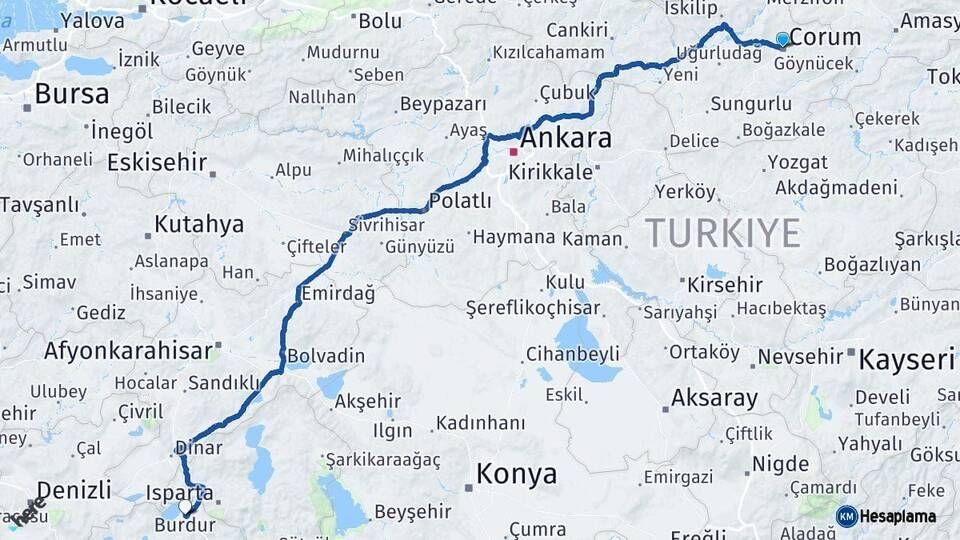 Çorum Burdur Arası Kaç Km - Yol Haritası