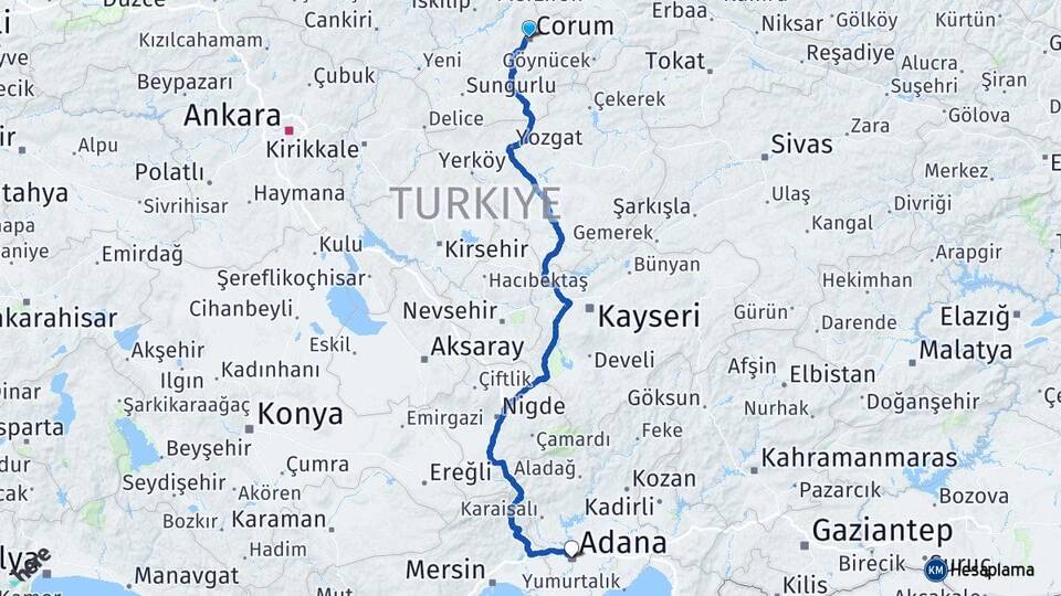 Çorum Çalıca Arası Kaç Km - Yol Haritası