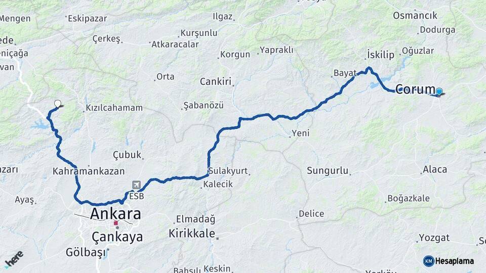 Çorum Çamlıdere Ankara Arası Kaç Km - Yol Haritası