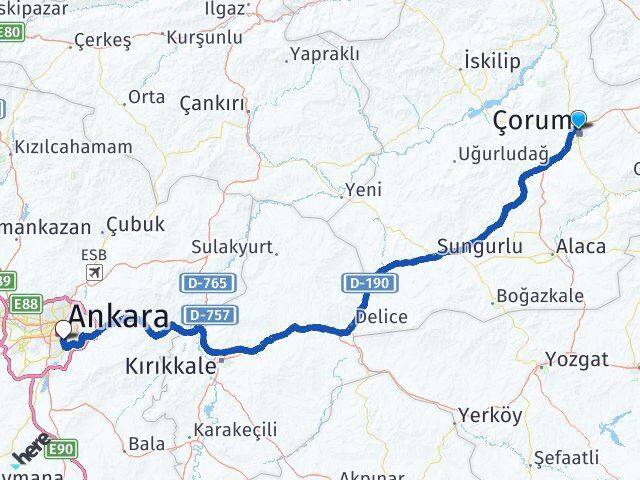 Çorum Çankaya Ankara Arası Kaç Km - Yol Haritası
