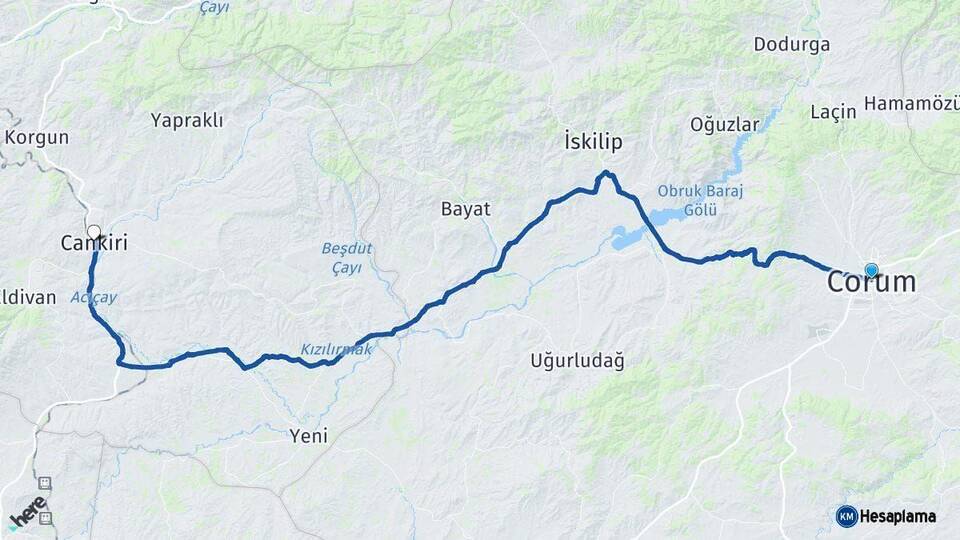Çorum Çankırı Arası Kaç Km - Yol Haritası