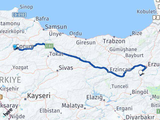 Çorum Çat Erzurum Arası Kaç Km - Yol Haritası