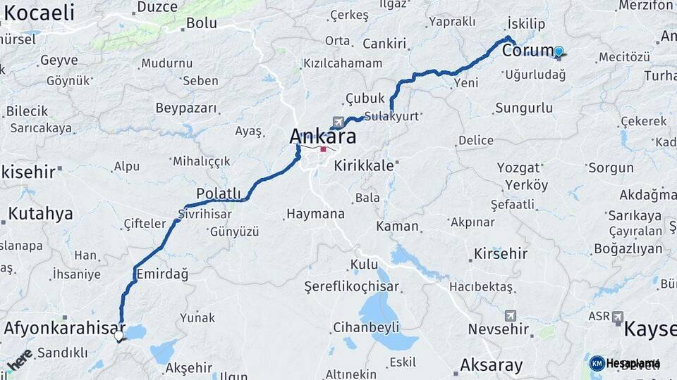 Çorum Çay Afyonkarahisar Arası Kaç Km - Yol Haritası