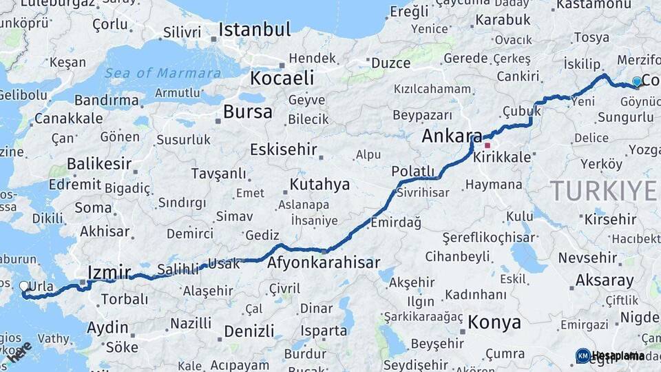 Çorum Çeşme İzmir Arası Kaç Km - Yol Haritası