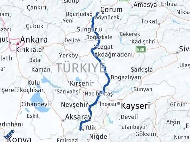 Çorum Çiftlik Niğde Arası Kaç Km - Yol Haritası