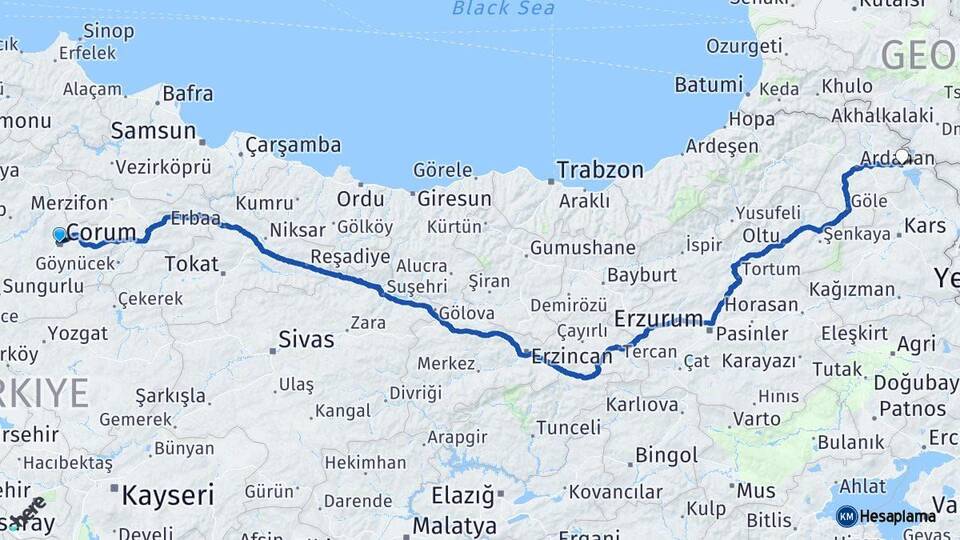 Çorum Çıldır Ardahan Arası Kaç Km - Yol Haritası