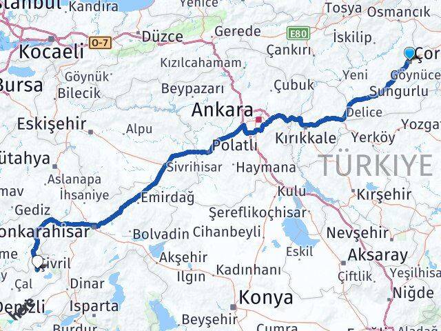 Çorum Çivril Denizli Arası Kaç Km - Yol Haritası