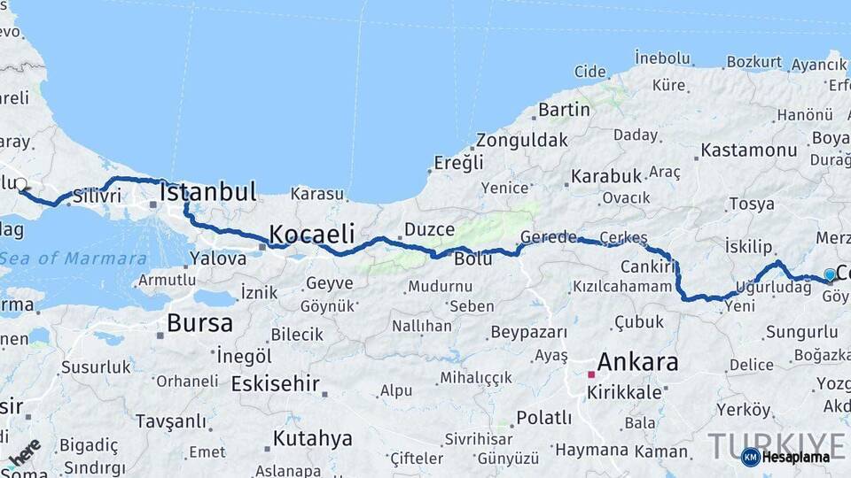 Çorum Çorlu Tekirdağ Arası Kaç Km - Yol Haritası