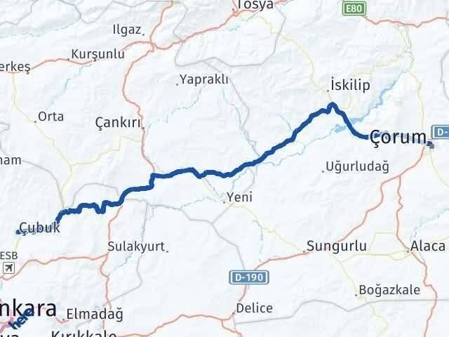 Çorum Çubuk Ankara Arası Kaç Km - Yol Haritası