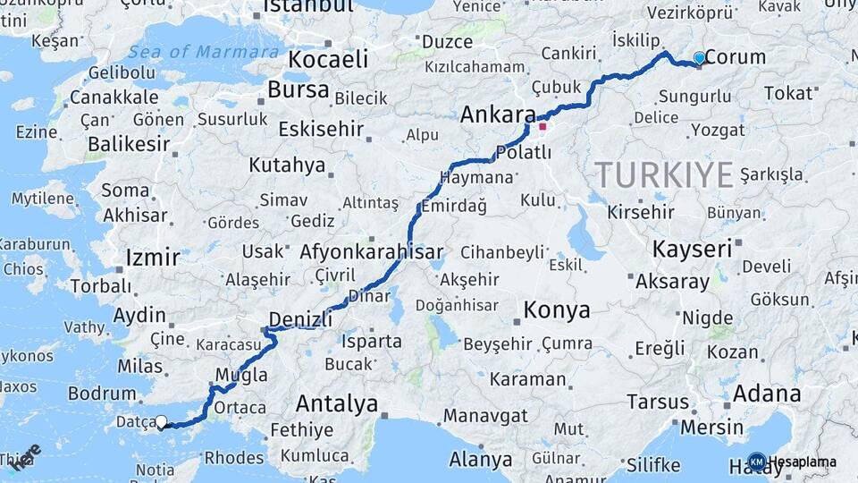 Çorum Datça Muğla Arası Kaç Km - Yol Haritası