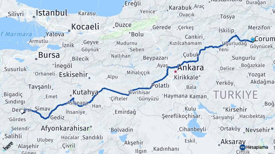 Çorum Demirci Manisa Arası Kaç Km - Yol Haritası