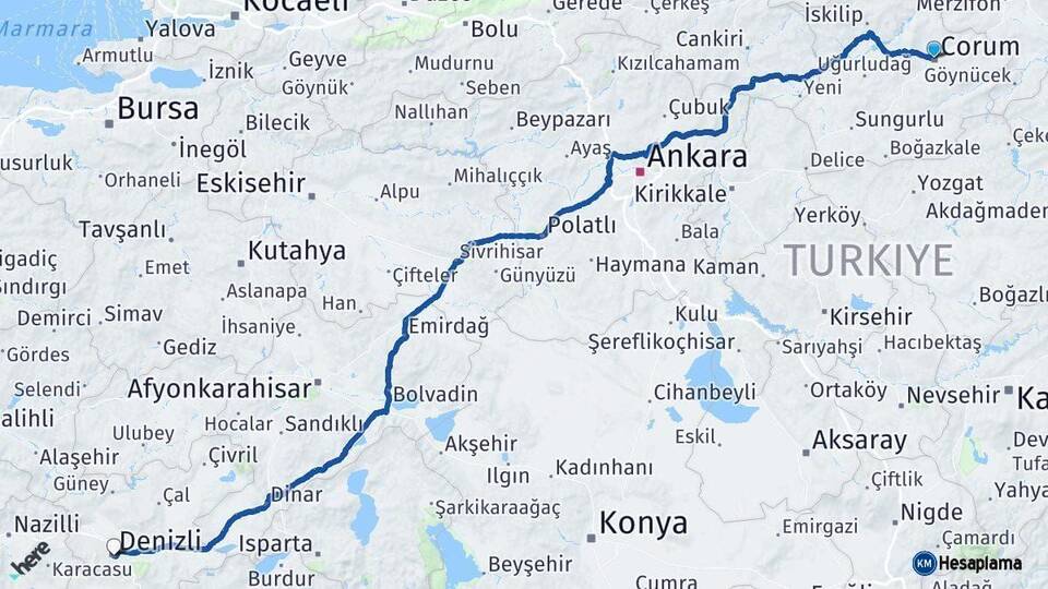 Çorum Denizli Arası Kaç Km - Yol Haritası