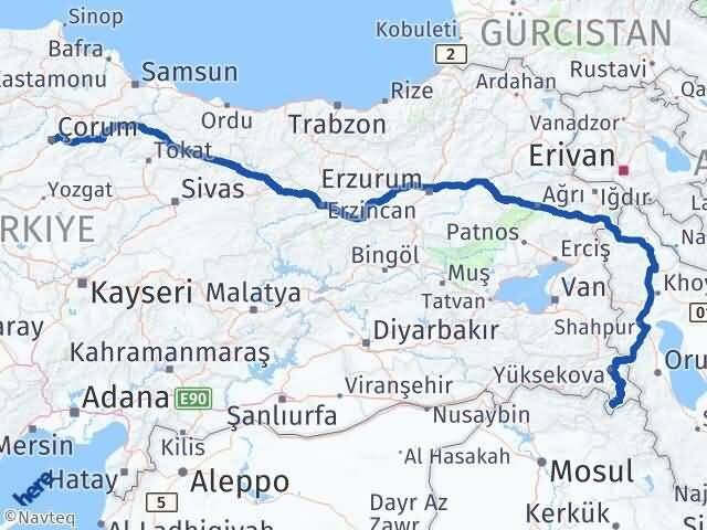 Çorum Derecik Hakkari Arası Kaç Km - Yol Haritası