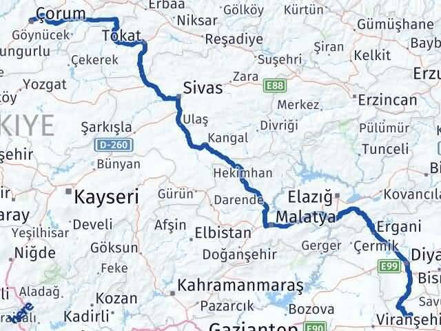 Çorum Derik Mardin Arası Kaç Km - Yol Haritası