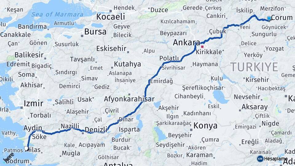 Çorum Didim Aydın Arası Kaç Km - Yol Haritası