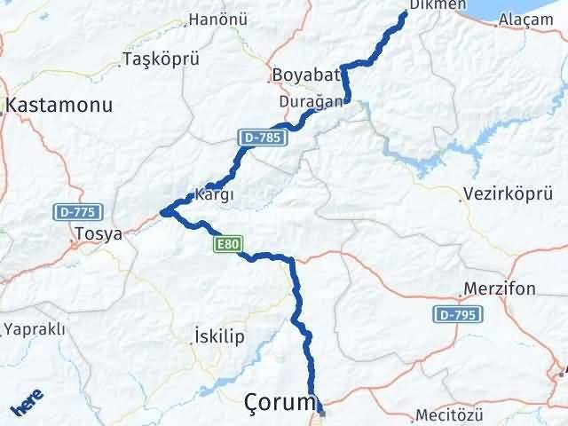 Çorum Dikmen Sinop Arası Kaç Km - Yol Haritası