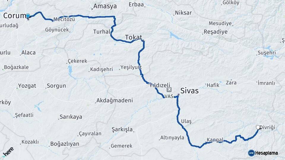 Çorum Divriği Sivas Arası Kaç Km - Yol Haritası