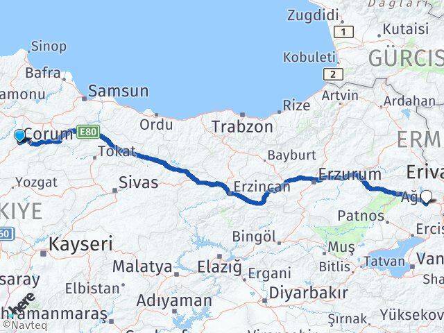 Çorum Diyadin Ağrı Arası Kaç Km - Yol Haritası