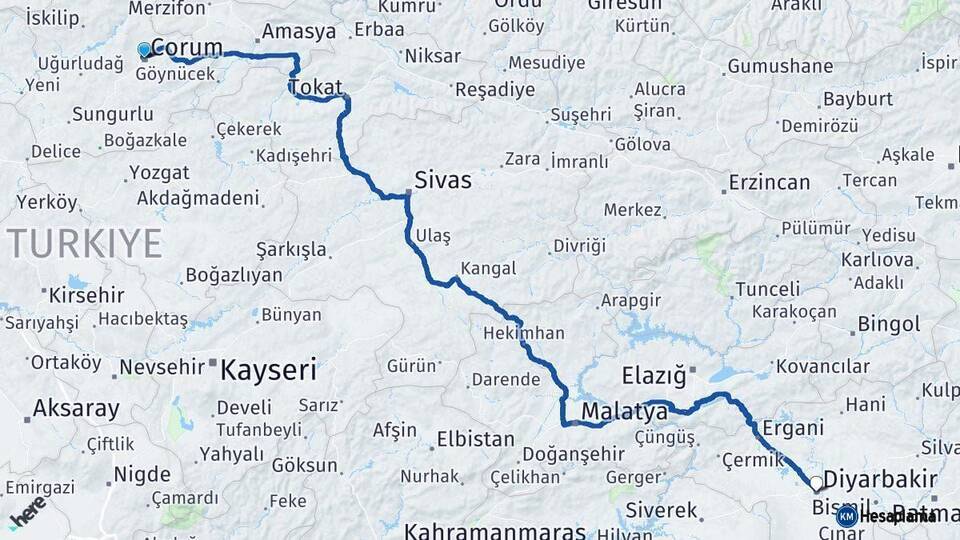 Çorum Diyarbakır Arası Kaç Km - Yol Haritası