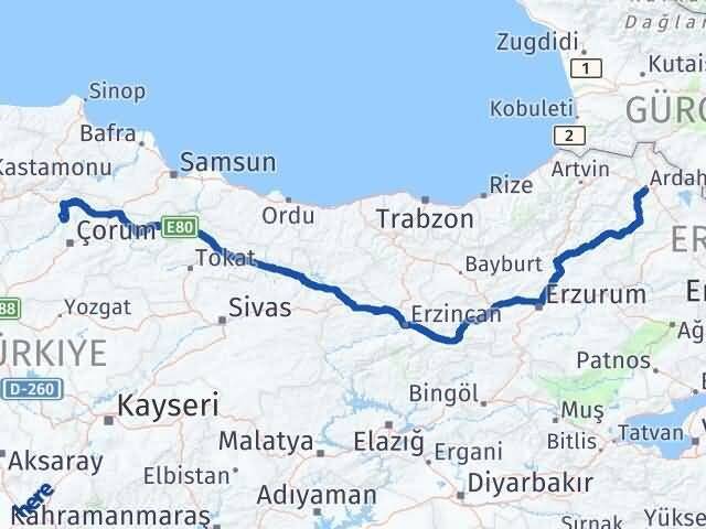 Çorum Dodurga Ardahan Arası Kaç Km - Yol Haritası