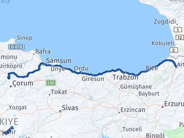 Çorum Dodurga Artvin Arası Kaç Km - Yol Haritası