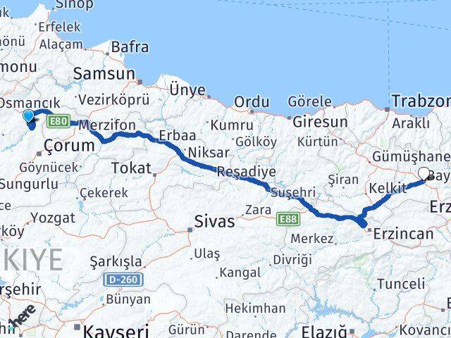 Çorum Dodurga Bayburt Arası Kaç Km - Yol Haritası