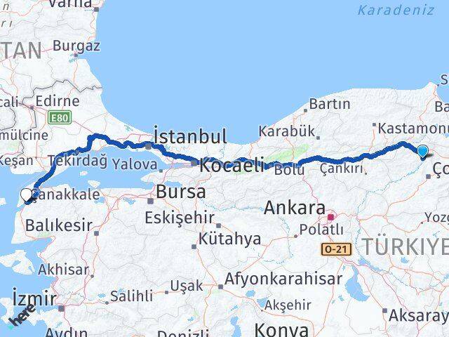 Çorum Dodurga Çanakkale Arası Kaç Km - Yol Haritası